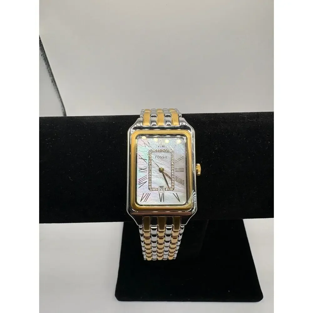 Fossil Es5305 Women's Two Tone Rectangular Crystal Watch New With Tags